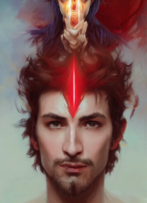 Prompt: character concept portrait of an attractive young Spanish wizard with red skin conjuring a laser spell, a floating iridescent spell book in the center, intricate, elegant, digital painting, concept art, smooth, sharp focus, illustration, from Metal Gear, by Ruan Jia and Mandy Jurgens and William-Adolphe Bouguereau, Artgerm