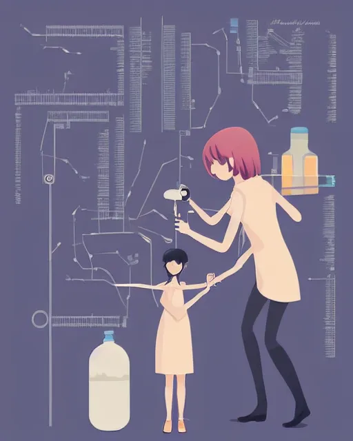 Image similar to a little girl in science lab experiment test tube microscope map. clean cel shaded vector art. minimalist illustration art by lois van baarle, artgerm, helen huang by makoto shinkai and ilya kuvshinov, rossdraws