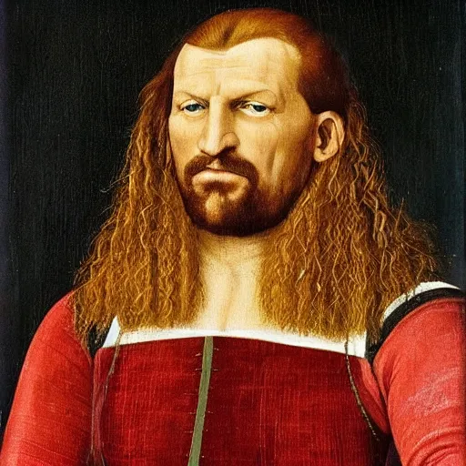 Prompt: a renaissance portrait of Triple H with long flaxen blond hair