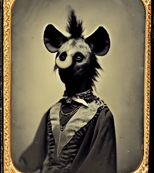 Image similar to professional studio photo portrait of anthro anthropomorphic spotted hyena head animal person fursona wearing elaborate pompous royal robes clothes by Louis Daguerre daguerreotype tintype