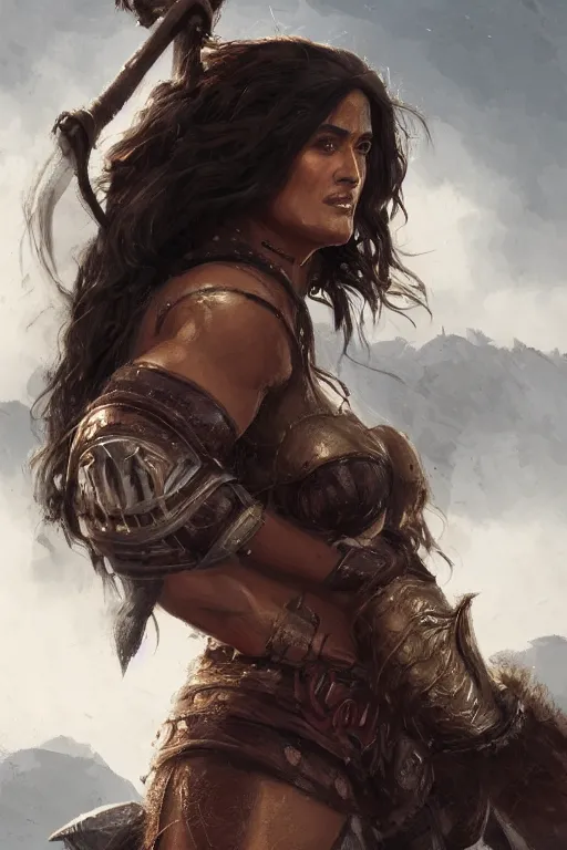 Image similar to portrait, Salma Hayek , barbarian , face portrait, raphael lacoste, eddie mendoza, alex ross, concept art, matte painting, highly detailed, rule of thirds, dynamic lighting, cinematic, detailed, denoised, centerd