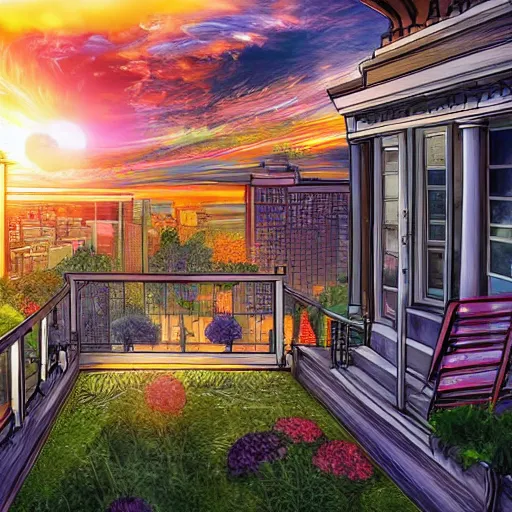 Image similar to the young travelers open the multiversal rift from their rooftop porch in montreal, sunrise, digital art, stunning detail