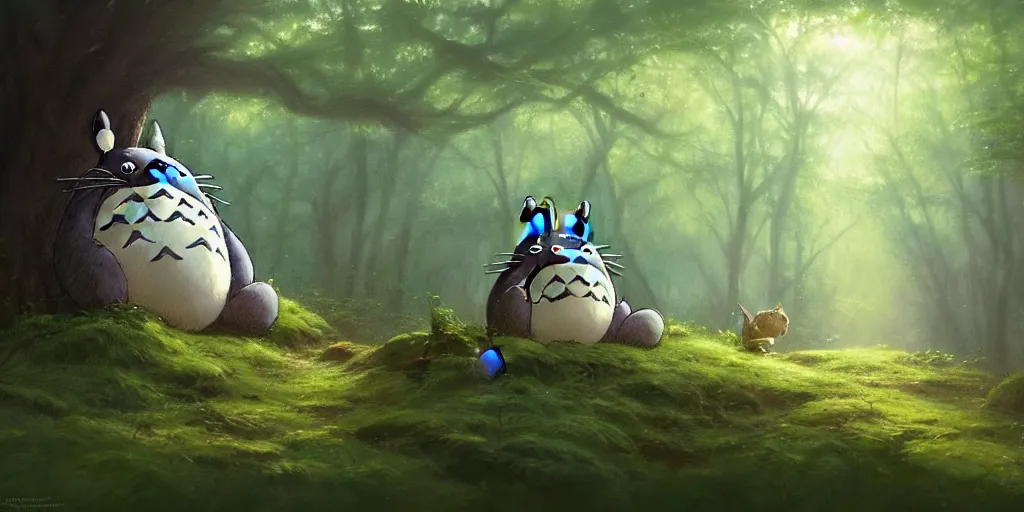 Image similar to Totoro sitting in a forest, fantasy, pixar,, high detail, god rays, painting by greg rutkowski, deviantart, trending on artstation, artstationHD, artstationHQ