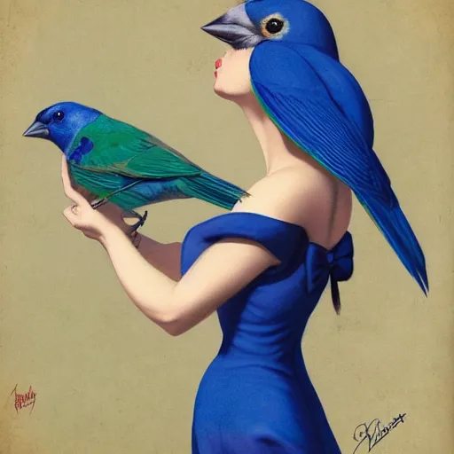 Prompt: pinup girl holding an indigo bunting, bird, the bird is wearing a bowtie, by greg rutkowski, rossdraws, gil elvgren, enoch bolles, anime, porcelain skin, very coherent