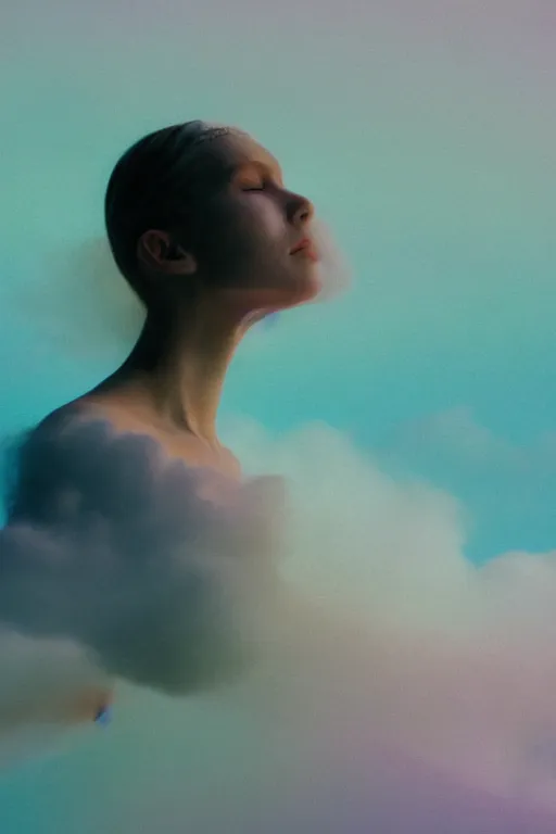 Image similar to high quality pastel coloured film close up wide angle photograph of a model wearing clothing swimming on cloud furniture in a icelandic black rock!! environment in a partially haze filled dreamstate world. three point light, rainbow. photographic production. art directed. pastel colours. volumetric clouds. pastel gradient overlay. waves glitch artefacts. extreme facial clarity. 8 k. filmic.