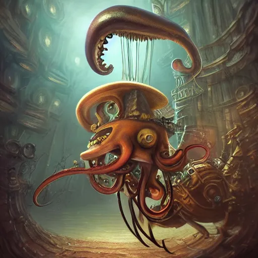 Image similar to fantasy steampunk giant Squid with tentacles frantically playing a big rock&roll drum set in the spotlight undersea dystopian photorealistic, by Philipp A. Urlich and Pengzhen Zhang and Andreas Rocha, fantasy, intricate, elegant, highly detailed, digital painting, artstation, blender, unreal engine 5, octane render, smooth, sharp focus, illustration
