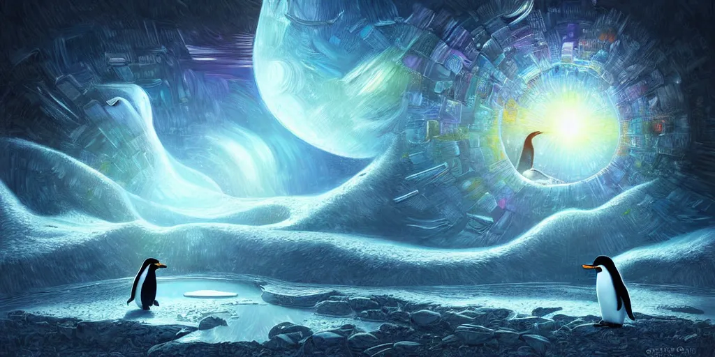 Image similar to an insanely beautiful and hyper detailed digital painting of a penguin staring out into a magical multiverse by ciryl rolando