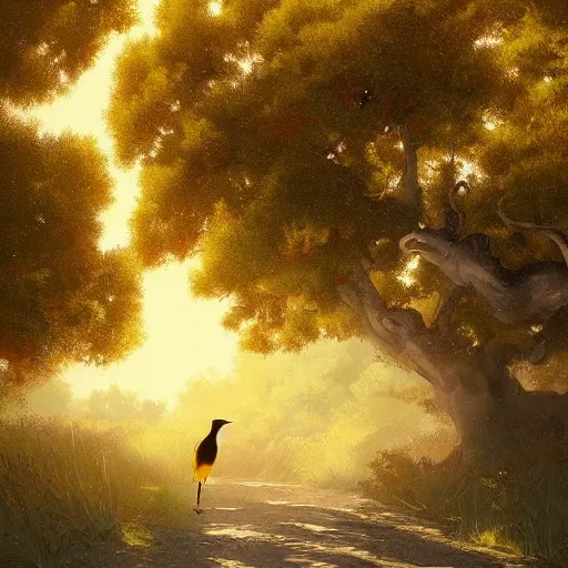 Prompt: spanish golden oriole flying in avila path between oak trees, summer mid day, 4 k, concept art, by wlop, ilya kuvshinov, artgerm, krenz cushart, greg rutkowski, pixiv. cinematic dramatic atmosphere, sharp focus, volumetric lighting, cinematic lighting, studio quality