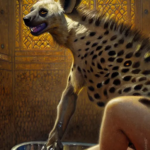 Image similar to portrait of a male hyena in a public bath. shadowrun furaffiniy cyberpunk fantasy highly detailed painting by gaston bussiere craig mullins jc leyendecker gustav klimt artgerm greg rutkowski john berkey, bergey, craig mullins, ruan jia, raymond swanland, jeremy mann, tom lovell, alex malveda