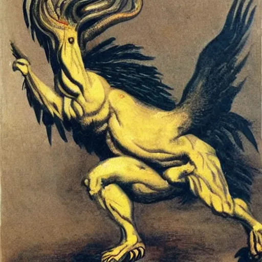 Image similar to human / eagle / lion / ox hybrid with two horns, one big beak, mane, human body. drawn by francis bacon