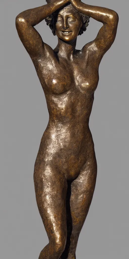 Image similar to detailed photo of an old bronze patina statue of miss universe, full body portrait, various pose, photorealism, intricate detail, museum diffuse lighting