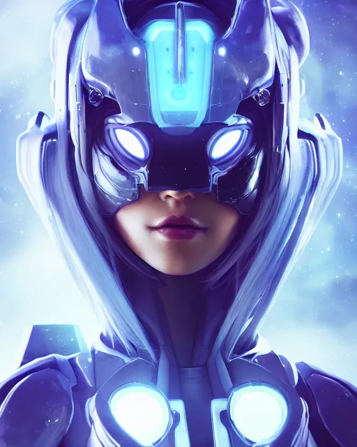 Image similar to perfect android girl on a mothership, warframe armor, beautiful face, scifi, futuristic, galaxy, nebula, raytracing, dreamy, long white hair, blue cyborg eyes, sharp focus, cinematic lighting, highly detailed, artstation, divine, by gauthier leblanc, kazuya takahashi, huifeng huang