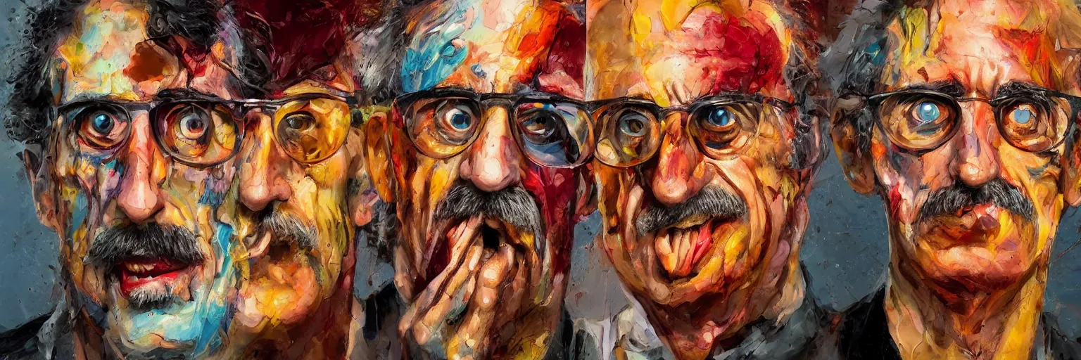 Prompt: colorful oil painting of character faces, realistic frank zappa turning into pizza, screaming, melting, glasses, disturbed, character sheet, fine details, concept design, contrast, kim jung gi, greg rutkowski and da vinci, 8 k, emotional, face turnaround 3 6 0, front view, back view, side view, ultra wide angle