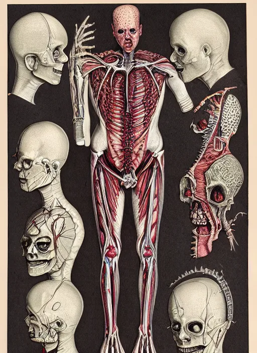 Image similar to vintage medical anatomical illustration of pinhead from hellraiser ( 1 9 8 6 ), highly detailed, labels, intricate writing