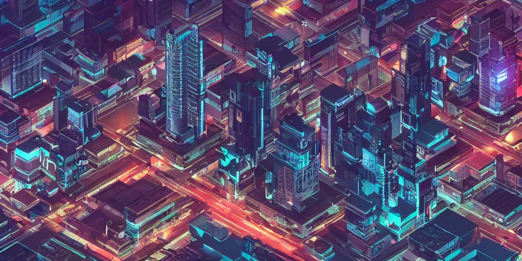 Image similar to cyberpunk city, isometric, 4K, vray render, wide angle