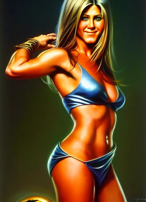 Image similar to portrait of cute young jennifer aniston as an amazon girl, full body, painted by stanley artgerm, boris vallejo, fantasy art, sleek curves, sharp focus, trending on artstation hq, deviantart