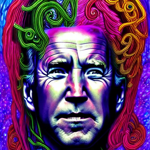 Prompt: an extremely psychedelic portrait of joe biden as medusa, surreal, lsd, face, detailed, intricate, elegant, lithe, highly detailed, digital painting, artstation, concept art, smooth, sharp focus, illustration