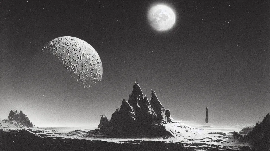Image similar to emissary space by arthur haas and bruce pennington and john schoenherr, cinematic matte painting, photo realism, dark color palate, moon with snow mountainscape