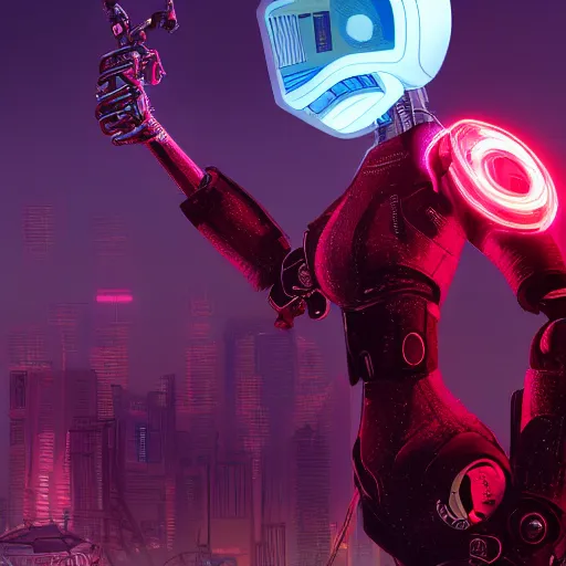 Image similar to character with short white hair, robotic arm, city in background, neonpunk, dystopian, scifi, intricate, detailed red lighting, digital art, trending on artstation