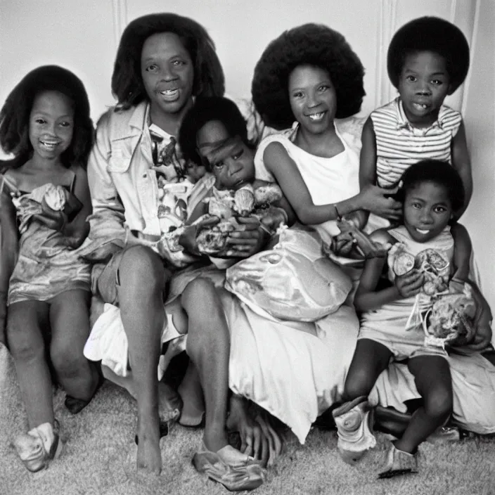 Image similar to vintage realistic photo of an African American family in 1979 with two daughters and a son eating chicken, mash potatoes, and rolls for dinner. While “good times” plays on the tv in the background