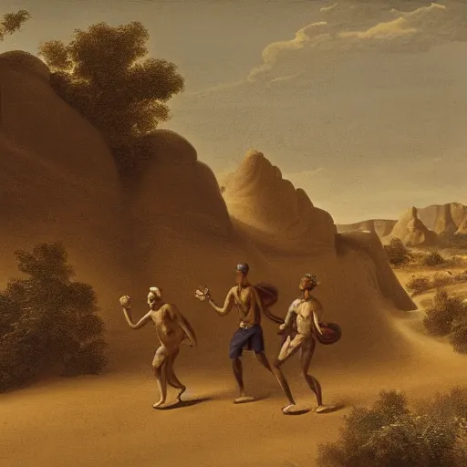 Image similar to Three men carrying a chest in the desert by finlay virgil