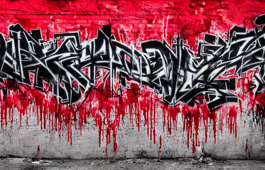 Image similar to new york underground graffiti, dripping and splattering blood red and black, 4k