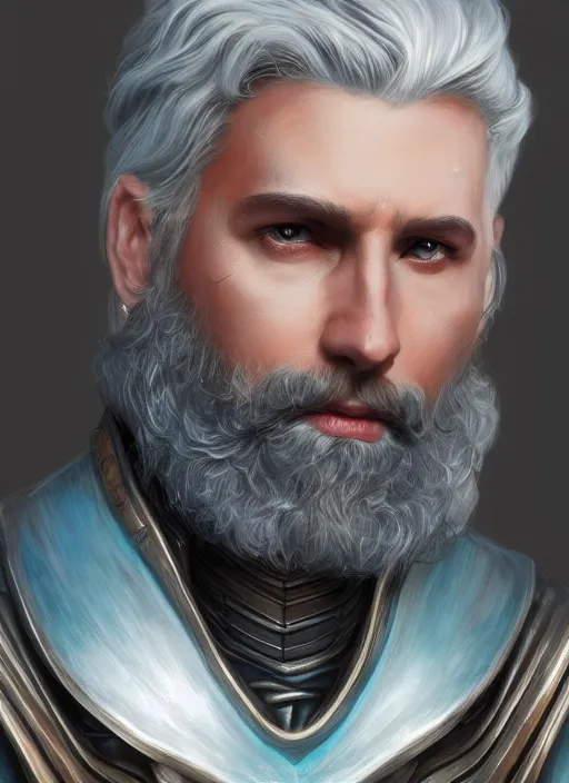 Image similar to an epic fantastic realism comic book style portrait painting of an aasimar paladin, male, silver hair, short brown beard, d & d concept art, unreal 5, daz, teal aesthetic, octane render, cosplay, rpg portrait, dynamic lighting