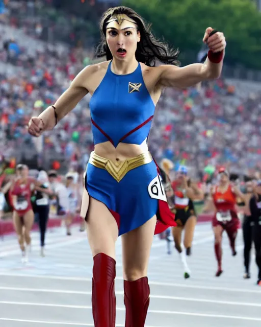 Image similar to gal gadot as wonder woman, at the 2 0 0 - meter starting line, olympic trials, sports photography in the style of neil leifer