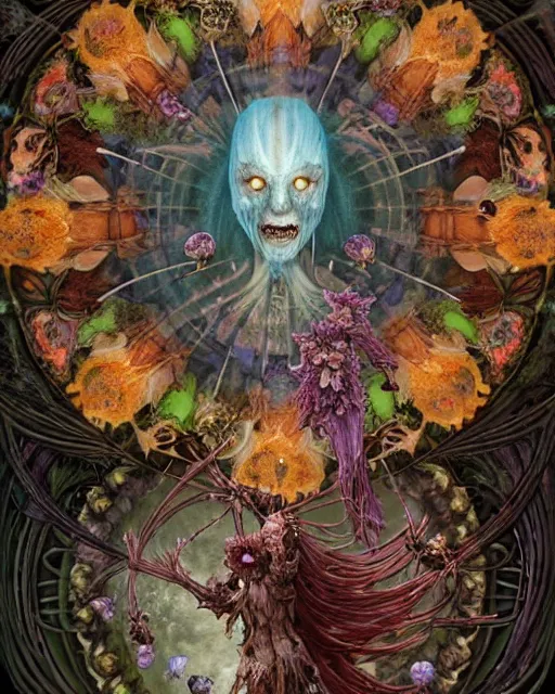 Image similar to the platonic ideal of flowers, rotting, insects and praying of cletus kasady carnage davinci dementor wild hunt chtulu mandelbulb mandala ponyo dinotopia the witcher, d & d, fantasy, ego death, decay, dmt, psilocybin, concept art by randy vargas and greg rutkowski and ruan jia and alphonse mucha