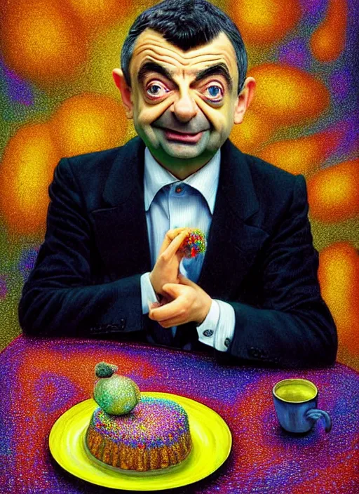 Image similar to hyper detailed 3d render like a Oil painting muted colors - slightly silly portrait of Rowan Atkinson as Mr. Bean in Aurora seen Eating of the Strangling network of yellowcake aerochrome and milky Fruit and Her delicate Hands hold of gossamer polyp blossoms bring iridescent fungal flowers whose spores black the foolish stars by Jacek Yerka, Mariusz Lewandowski, Houdini algorithmic generative render, Abstract brush strokes, Masterpiece, Edward Hopper and James Gilleard, Zdzislaw Beksinski, Nicoletta Ceccoli, Wolfgang Lettl, hints of Yayoi Kasuma, octane render, 8k