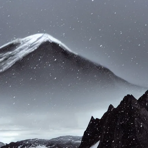 Image similar to a artic landscape with a large, satanic temple on it. mountains that are snow capped are in the background. there is a group of black hooded cultists at the top of the satanic temple. overcast sky, snowing, grainy.