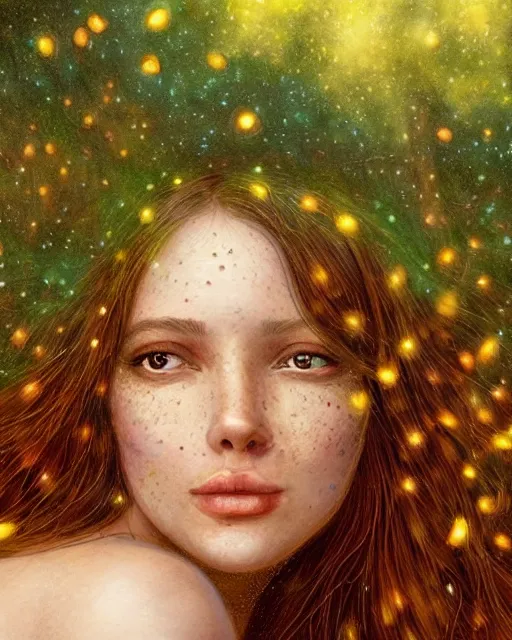 Prompt: a young woman, amazed by the lights of golden fireflies, sitting in the midst of nature fully covered, long loose red hair, intricate linework, green eyes, small nose with freckles, oval shape face, soft happy smile, realistic, expressive emotions, mystical scene, hyper realistic ultrafine detailed illustration by james jean and albert bierstadt and artgerm