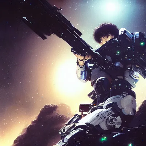 Image similar to award winning, extremely photorealistic, bokeh, beautiful detail, stars in the sky, cybernetic, sci-fi space game art, jeon Jungkook holding a gun. alien planet art by Akihito Yoshitomi AND Yoji Shinkawa AND Greg Rutkowski, Mark Arian trending on artstation