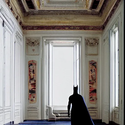 Image similar to Batman standing in giant Italian modern castle living room, clean minimalist design, that is 1300 feet tall, with very tall giant walls filled with modern art paintings, doors that are cosmic portals, photo by Annie Leibovitz