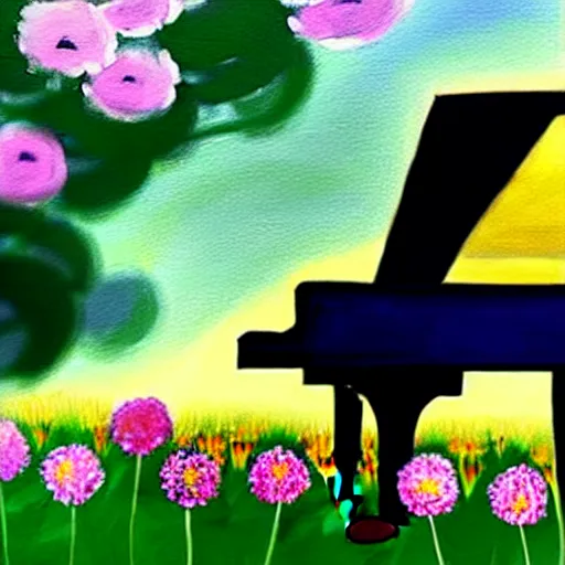 Prompt: a painting of elton john playing the piano in the middle of a garden, dreamy, shrubery, flowers, golden hour, dreamy, 8 k concept art, enhanced hands, hyperrealistic, by studio ghibli, disney - style