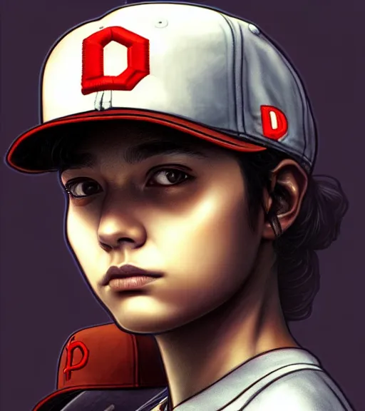 Image similar to symmetry ( clementine from the walking dead wearing her iconic baseball ( letter d ) hat portrait ) ultra detailed, intricate, anime, dynamic lighting, digital art, digital painting, art station, wlop, sharp focus, illustration, art by artgerm and greg rutkowski and alphonse mucha