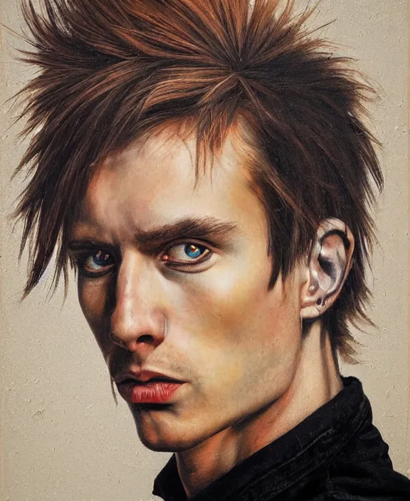 Image similar to portrait of a handsome young punk rocker, art by denys tsiperko and bogdan rezunenko and franz xaver kosler, hyperrealism