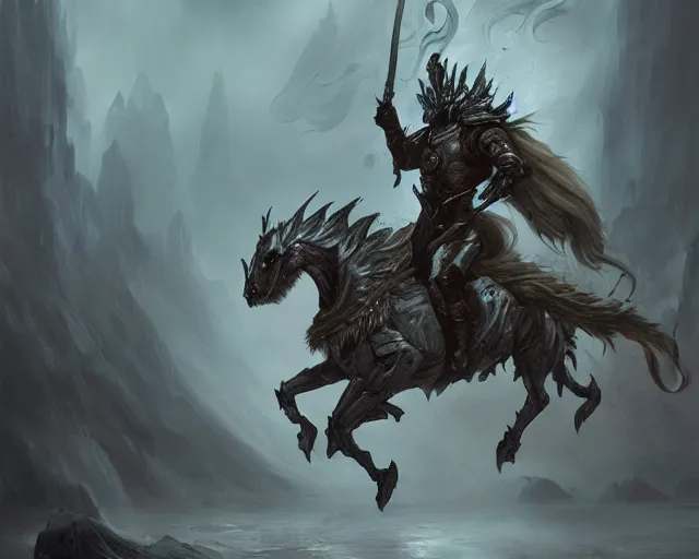 Image similar to A faded ghost warrior riding a giant ghost horse with armour, fantasy art, in the style of Frank Neidhardt, illustration, epic art, fantasy, intricate, elgant, amazing detail, digital painting, artstation, concept art, smooth, sharp focus