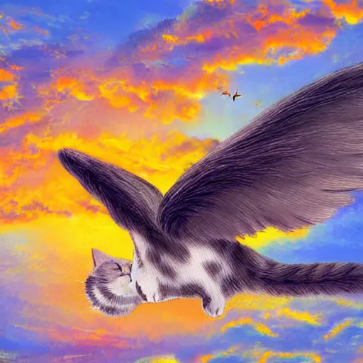 Prompt: a photograph of cute cat with wings flying towards the sunset, highly detailed, photorealistic, impressionism style