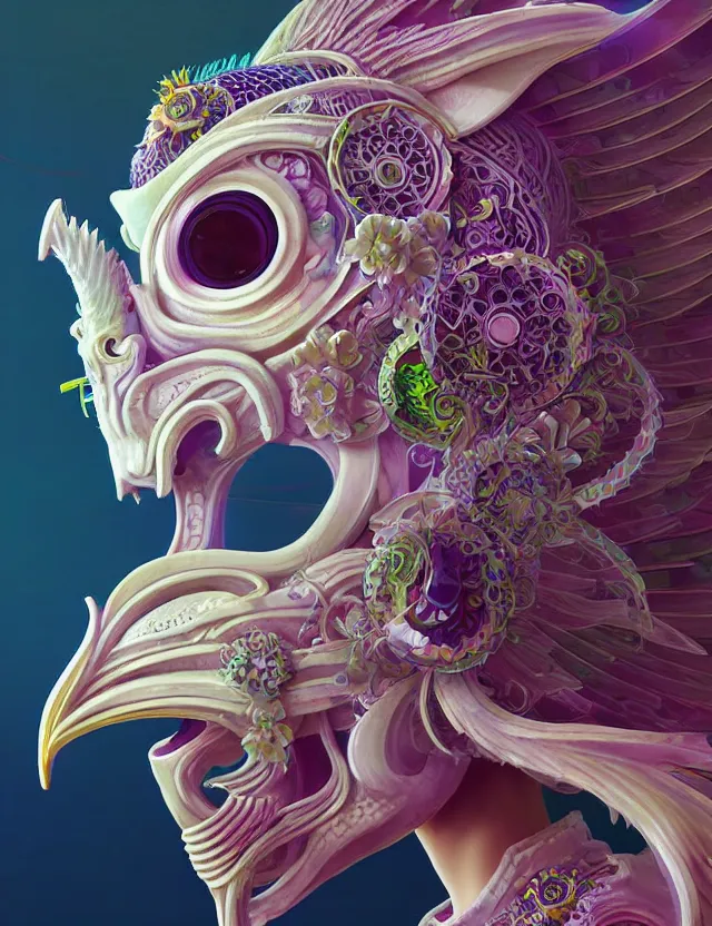 Image similar to 3 d goddess close - up profile solarpunk portrait ram skull. beautiful intricately detailed japanese crow kitsune mask and clasical japanese kimono. betta fish, jellyfish phoenix, bio luminescent, plasma, ice, water, wind, creature, artwork by tooth wu and wlop and beeple and greg rutkowski