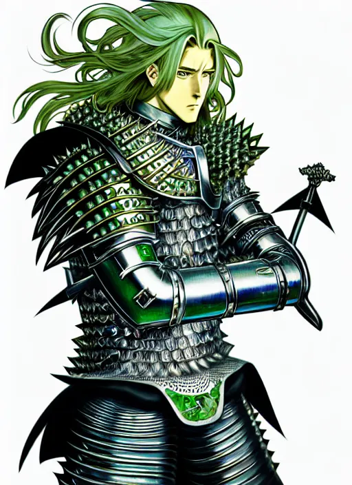 Image similar to a detailed manga full body portrait illustration of a man with long blonde hair and blue eyes wearing evil green spiked armour by hirohiko araki and alphonse mucha, detailed artwork, realism, 4 k resolution, detailed, high quality, sharp focus, hq artwork, insane detail, volumetric lighting, character concept art, fine details, clear subject, central subject