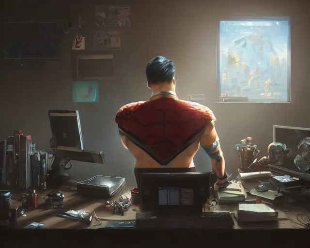 Image similar to an insanely detailed painting of a nerdy asian man wearing a superhero costume, sitting at a desk, staring at the nervously at the computer and typing, in the style of peter mohrbacher, dramatic lighting and composition, octane render, pixar, trending on artstation, concept art, comic book, view from behind