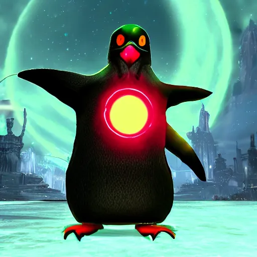 Image similar to penguin that has red glowing eyes in front of a green glowing tower in the background, guild wars 2 art style