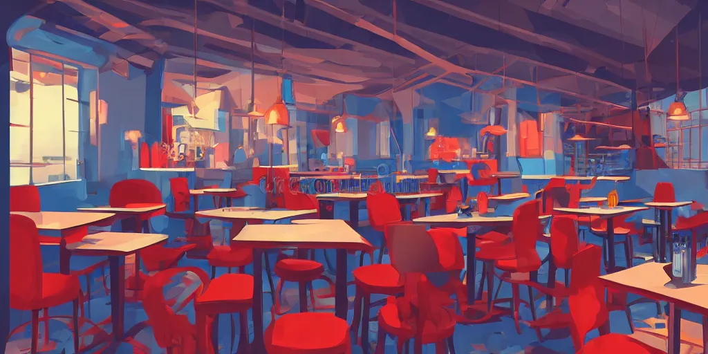 Prompt: cafe interior, blue and red tones, fantasy art, 2 d game art