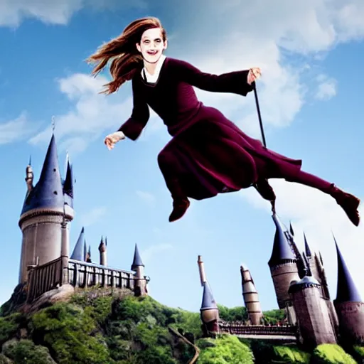 Image similar to Emma Watson flying in a magical broomstick over hogwarts