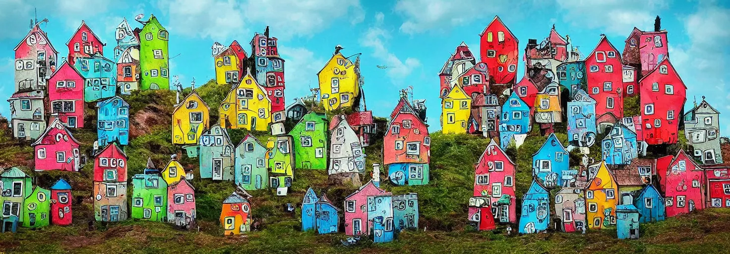 Prompt: quirky surreal naive houses painted by alexander jansson, bright colors