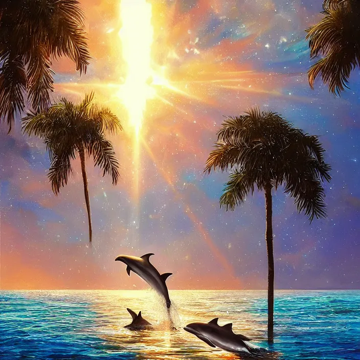 Prompt: dolphin swimming, golden hour, god rays, by artgerm and ismail inceoglu and greg olsen, palm trees, cosmos, milky way galaxy, masterpiece, beautiful, intricate, elegant, highly detailed