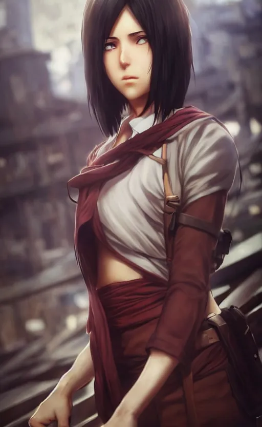 Image similar to mikasa ackerman, hero pose, medium shot, bokeh, beautiful face!!!!, 2 7 years old, cg animation, lifelike, animated, realistic, character select portrait, by artgerm, greg rutkowski, alphonse mucha, 3 d