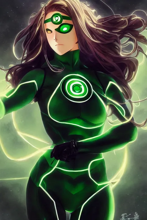 Image similar to anime key visual of a beautiful young female green lantern!! intricate, green and black suit, glowing, powers, dc comics, cinematic, stunning, highly detailed, digital painting, artstation, smooth, hard focus, illustration, art by artgerm and greg rutkowski and alphonse mucha