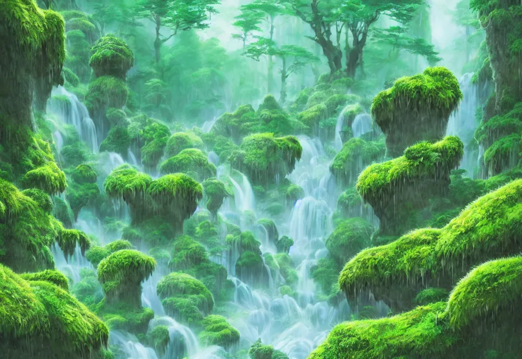 Prompt: massive mountains of mossy rock carved away by flowing waterfalls, verdant exotic flora, tranquil misty early dawn sunlight, mystical effervescence, detailed studio ghibli illustration